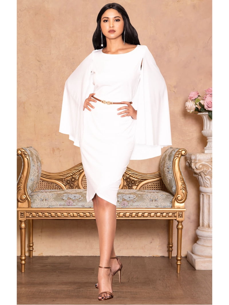knee length dresses for ladies Cape-Sleeve Double-Layer Ruffle Midi Dress Oat Cream / XL