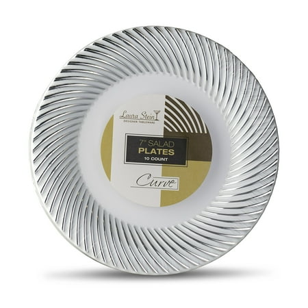 Designer Displayware White Wide Rim Laura Stein Designer Tableware Premium Heavyweight 7'' Inch White And Silver Rim Plastic Party & Wedding Plates Curve Series Disposable Dishes Pack of 20 Plates 7'' INCH PLATES ()