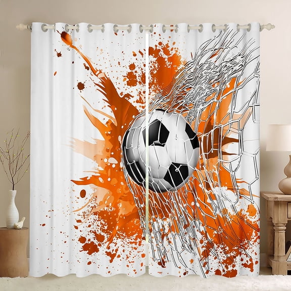 Homewish Soccer Football Print Blackout Curtains Set of 2 (52x84 Each) For Teens,Orange Watercolor Splash Window Curtains,Sport Ball Game Curtains and Drapes,Luxury Bedroom Decor