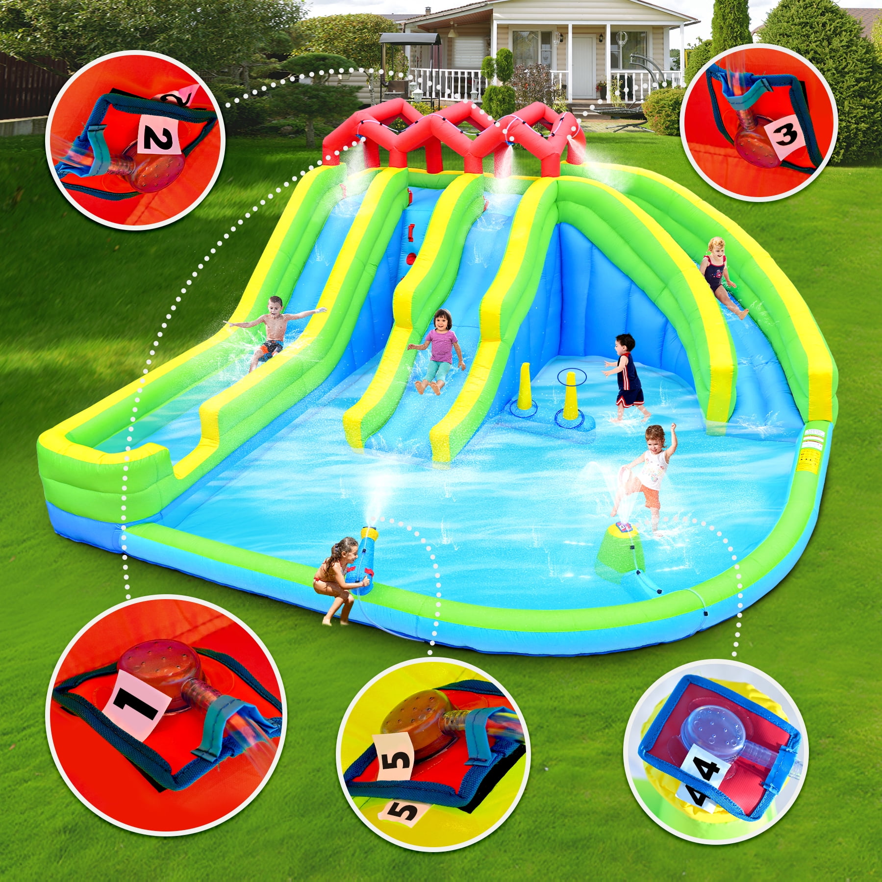 Ambifirner 7 in1 Inflatable Water Park with Blower and Ground Stakes，Three Slide Bouncy Castle for Backyard