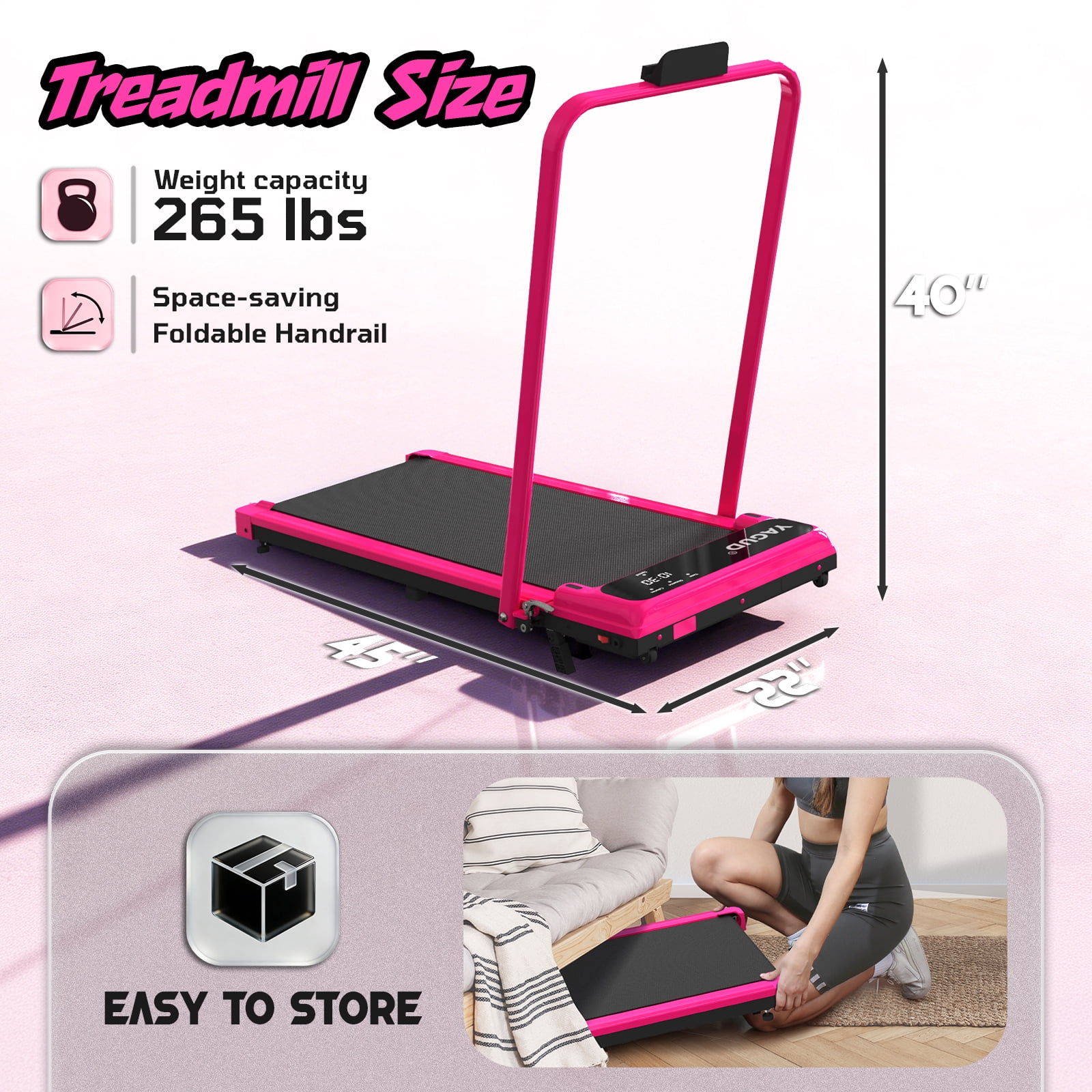 Yagud Walking Pad Treadmill with Handle Bar and Adjustable Incline, 3.8HP Portable Electric Treadmills with Wheels for Home, Home Treadmills with Incline, 0.5-3.8MPH, Bright Red