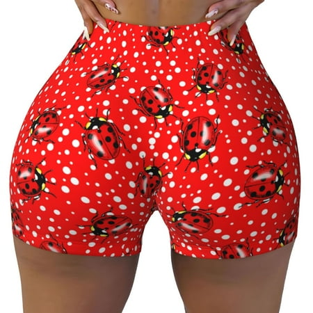 Workout Shorts Women  Red Ladybugs On White Dotted Biker Shorts for Women Running Gym Spandex Shorts Tummy Control