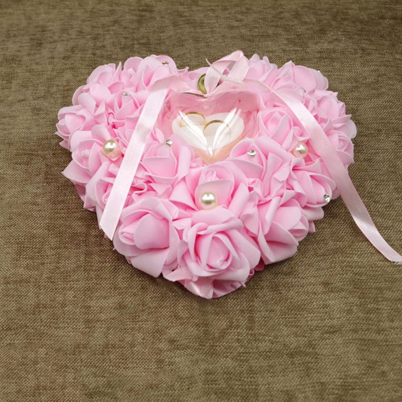 Rose Wedding Favors Heart Shape Pillow Box Cushion Rhinestone Gift Ring Bearer 