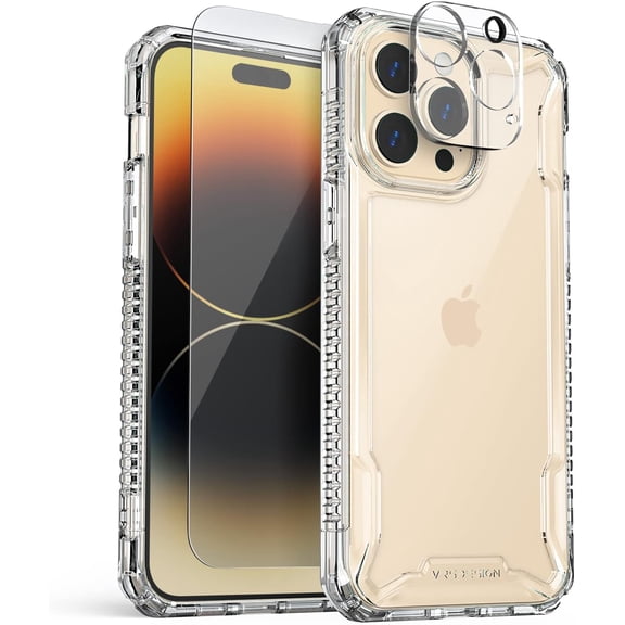 VRS Design Phone Case for iPhone 14 Pro Max, [Terra Guard Crystal] All in One Phone Case with Non-Slip Grip & Tempered Glass Screen and Camera Protector (Clear)