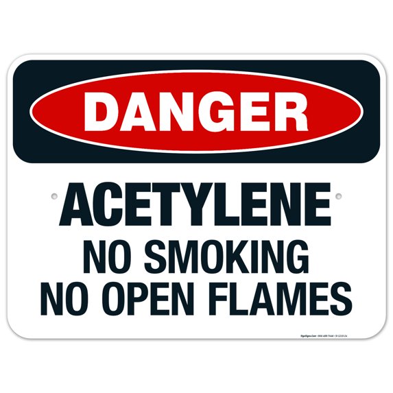 Danger Acetylene No Smoking No Open Flames Sign, OSHA Danger Sign, 18x24 Aluminum