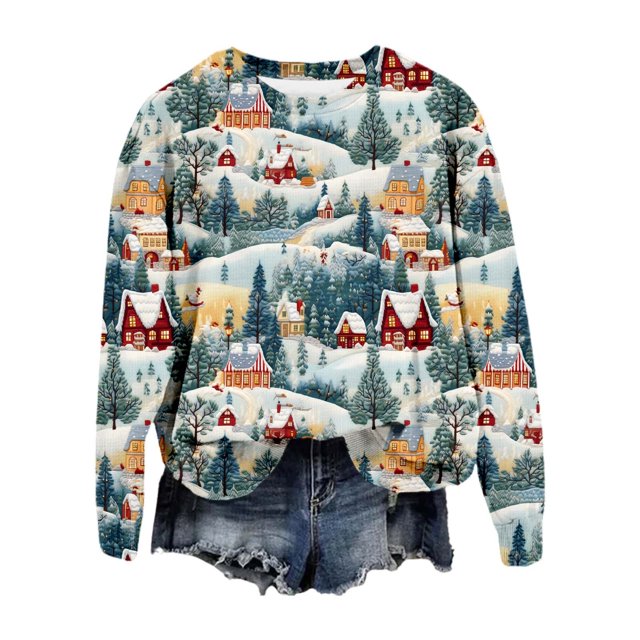 OJinShaWanO Sweat à Capuche Vert pour Femmes Décontracté Imprimé de Noël 3D Coupe Ample Manches Longues Pull Col Rond