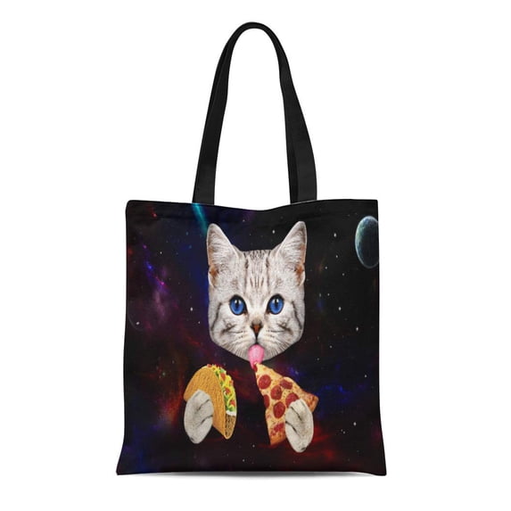 KDAGR Canvas Tote Bag Memes Space Cat Taco and Pizza Funny Cute Galaxy Reusable Handbag Shoulder Grocery Shopping Bags