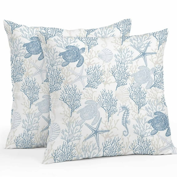 Outdoor Pillow Covers 20 x 20 Inches, Blue Grey Coastal Waterproof Throw Pillow Cover Set of 2, Sea Turtle Nautical Coral Summer Beach Decorative Square Cushion Covers for Patio/Tent/Couch/Garden