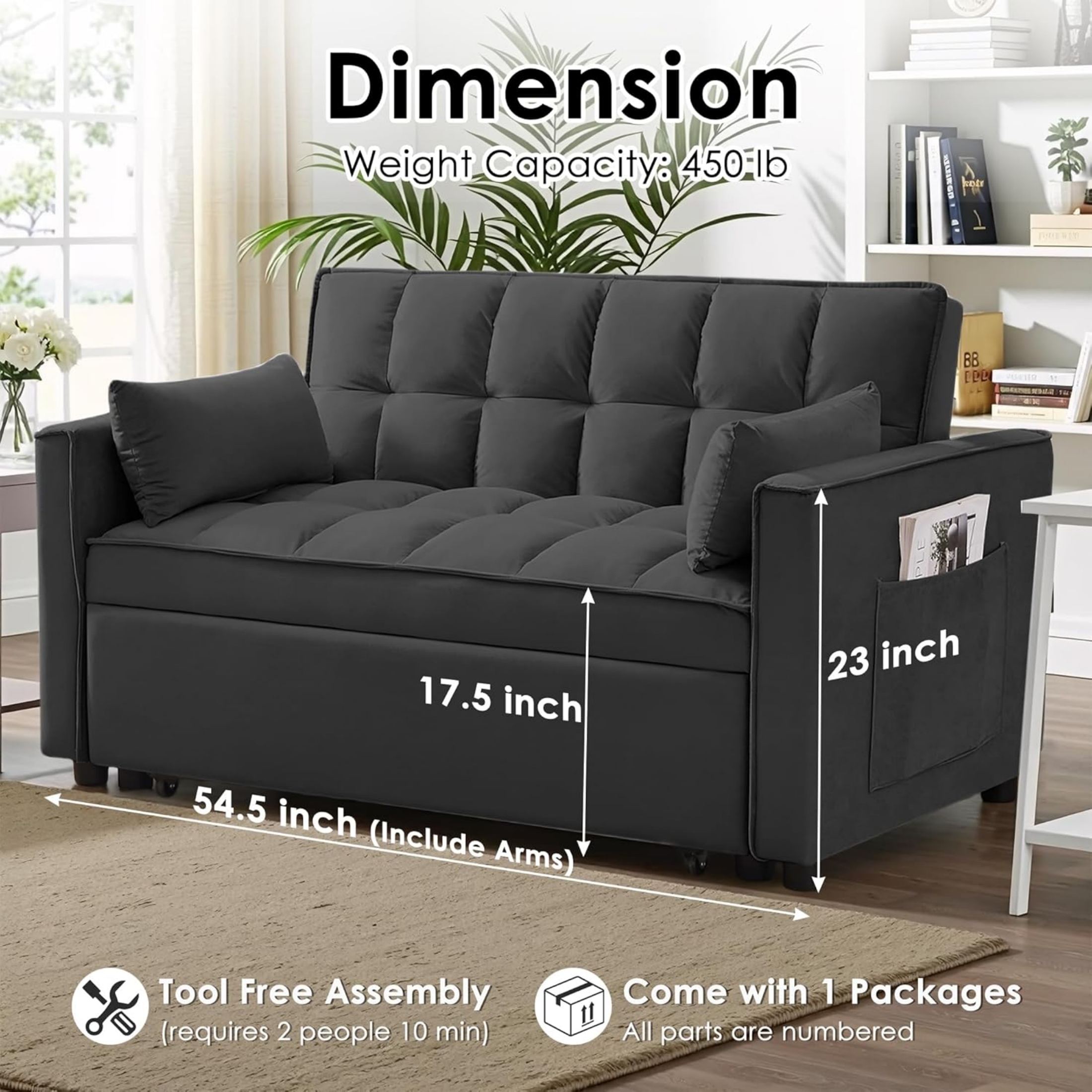 Vinform 54" 3 in 1 Convertible Sleeper Sofa Bed, Pull Out Loveseat Couch with Storage Pocket, Black(Thick Sponge)