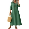 thumbnail image 2 of UoCefik Cotton Linen Dresses for Women Boho V Neck Flowy Long Shift Dresses Business Casual 3/4 Sleeve Sundress Trendy Fall Beach Vacation Dress Dark Green M, 2 of 5