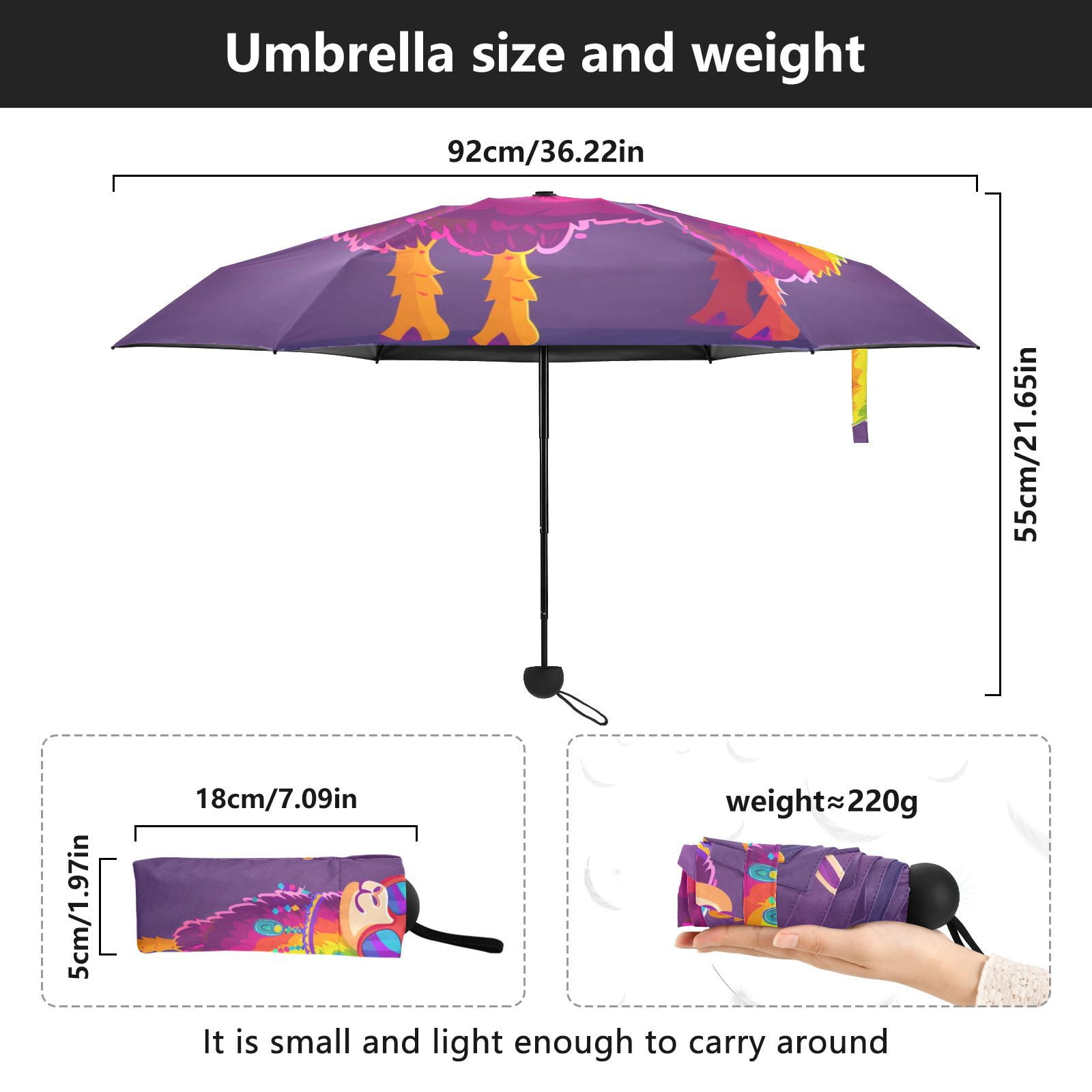 JSTEL Rainbow Color Llama Alpaca Folding Umbrella for Rain Sun Travel Mini Lightweight Compact Umbrellas