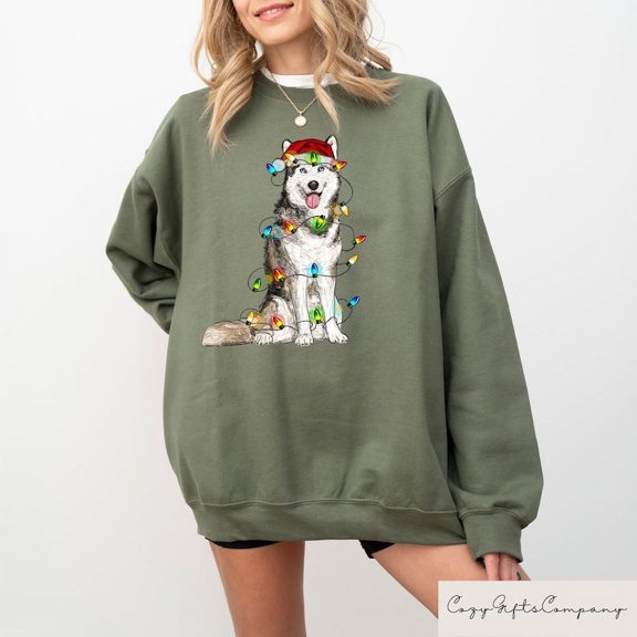 Husky Christmas Sweatshirt, Siberian Husky Xmas Sweater, Christmas Dog Lights T-shirt, Holiday Crewneck
