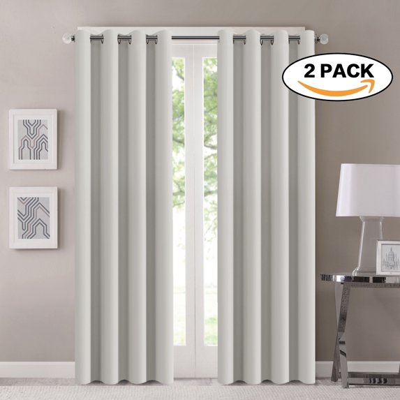 Flamingop Microfiber Noise Reducing Thermal Insulated Solid Ring Top Blackout Window Curtains / Drapes (Greyish White Two Panels, 52 X 96 Inch)