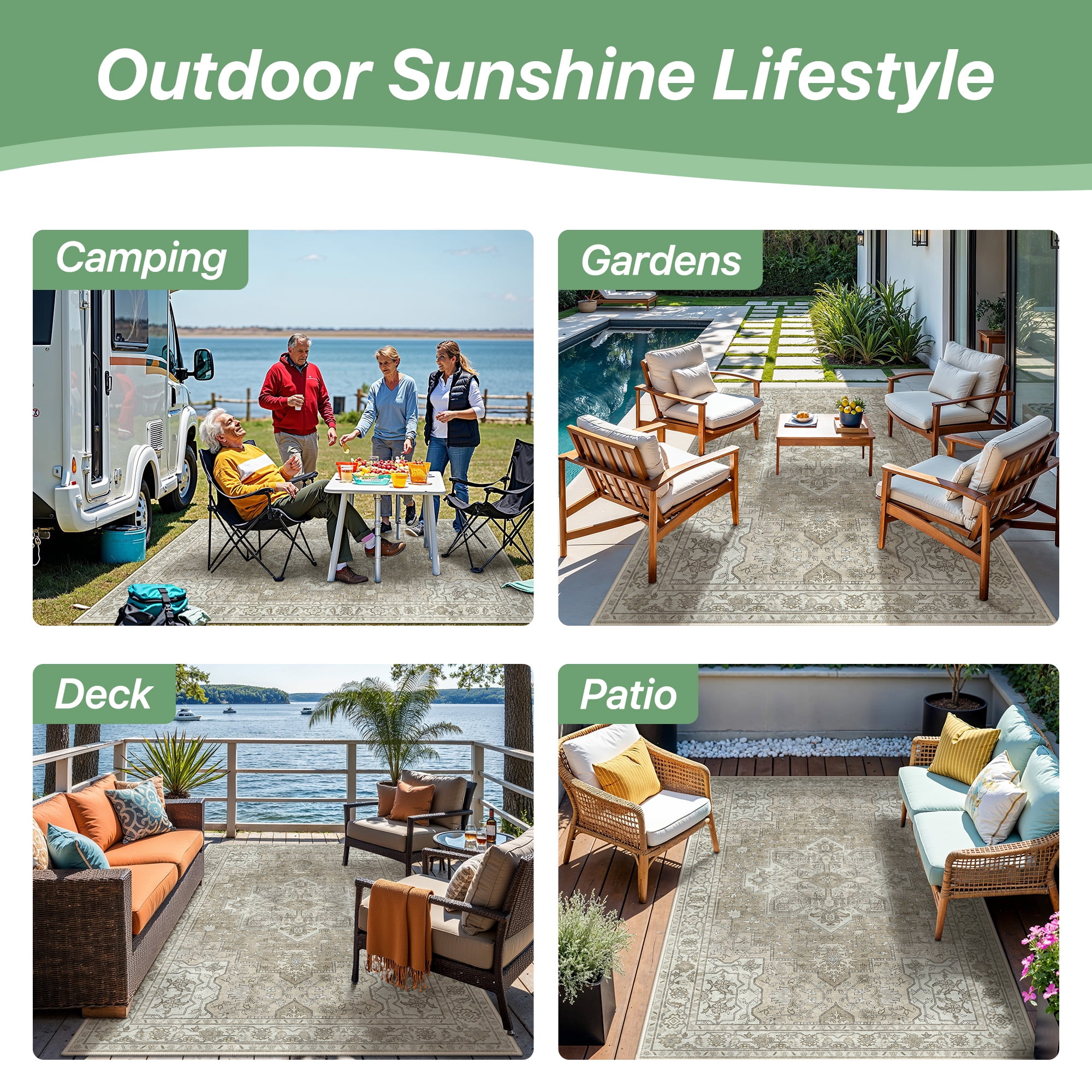 DEORAB Outdoor Rugs 5'X8' Chenille Patio Rug Three-Layer Material Imitation Silicone Spot Molding Camping Outside Rv Mat,Coffee & Beige