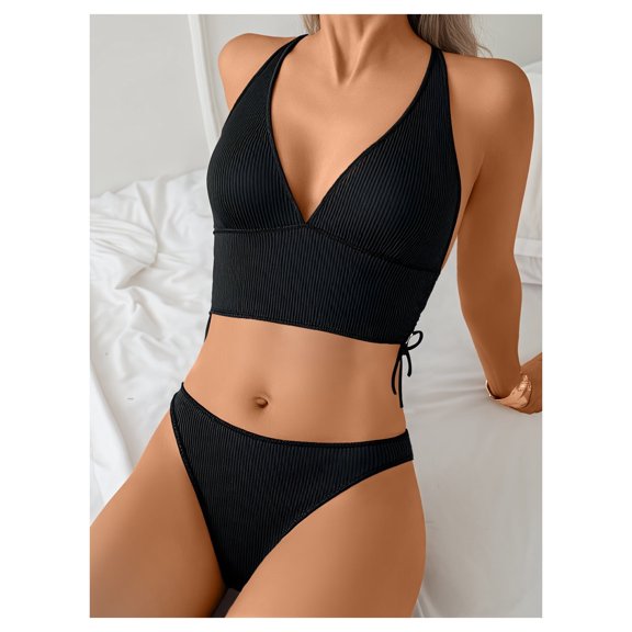 Women's Black Ribbed High-Waist Bikini Set - Deep V Neck Cropped Bathing Suit with Adjustable Drawstrings