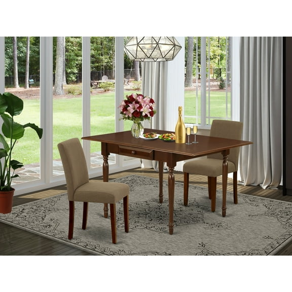 East West Furniture 1MZAB3-MAH-18 3Pc Dining Table Set Includes a Dining Table and 2 Parson Chairs with Coffee Color Linen Fabric, Drop Leaf Table with Full Back Chairs, Mahogany Finish