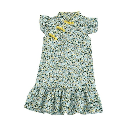 

Kids Toddler Baby Girls Dress Ruffled Sleeve Floral Print Cheongsam Princess Dress Outfits