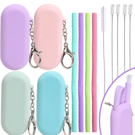 4 Packs Silicone Straws with Case, Reusable Silicone Portable Drinking Straw Set with 4 Carry Case and 1Pc Cleaning Brushes for Party Travel Cold or Hot