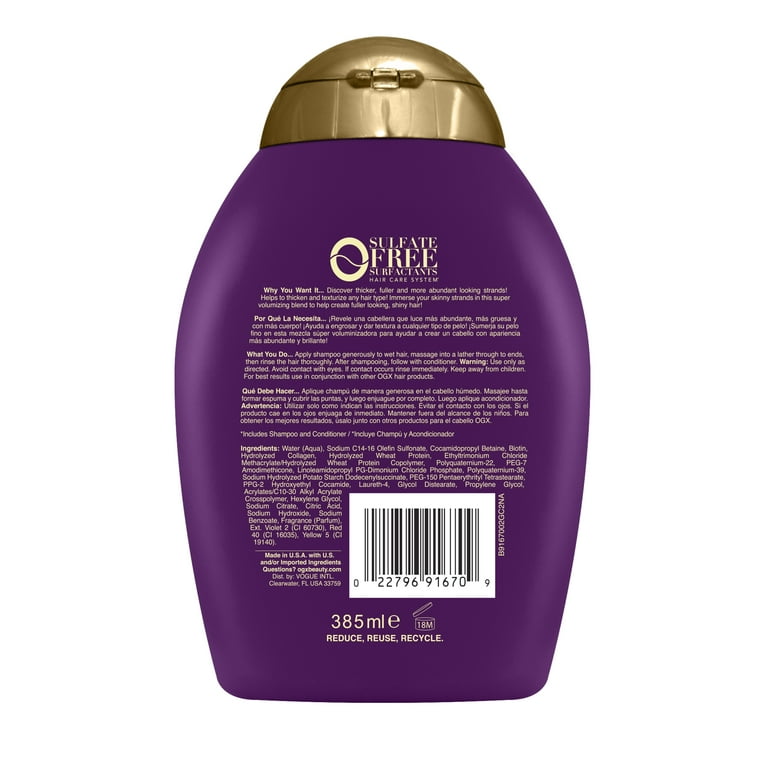 tilbede Electrify stykke OGX Thick & Full + Biotin & Collagen Shampoo for Thin Hair, Paraben Free,  13 fl oz - Walmart.com