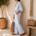 thumbnail image 5 of Womens Striped Set 2 Piece Outfits 3/4 Puff Sleeve V Neck Top and Drawstring High Waist Palazzo Pants, XL, 5 of 6