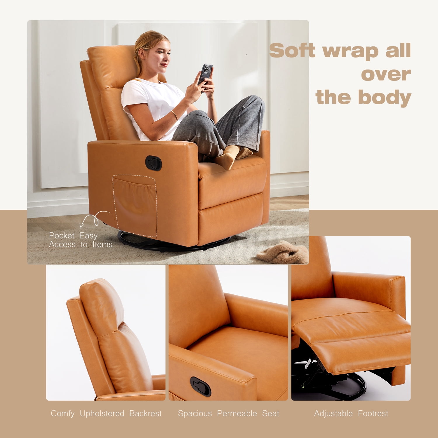 GIANNA Recliner Chair, Modern Design with Adjustable Backrest, Comfortable Padded Seat,Perfect for Living Room, Bedroom, or Home Theater, Brown