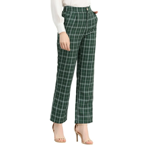 Pantalones largos rectos de cintura elástica con botones y cremallera de cuadros para mujer INSPIRE CHIC 2XL verde negro blanco