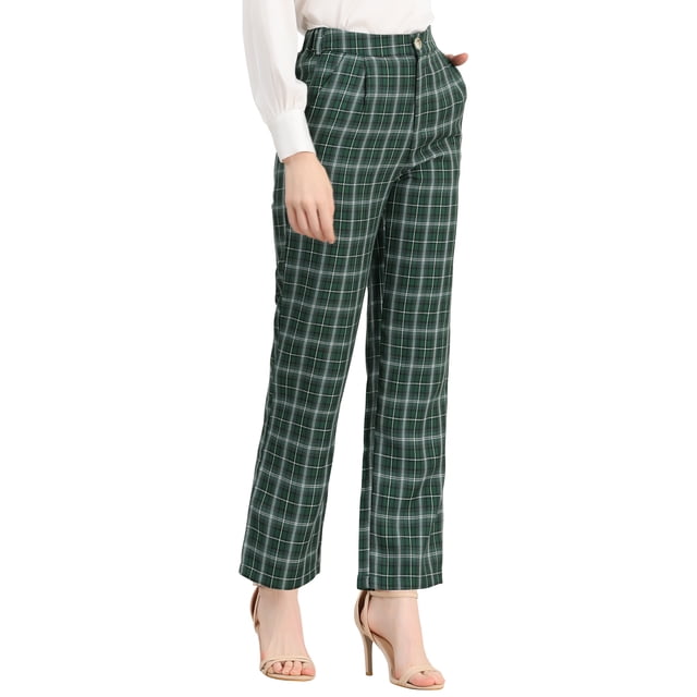 Unique Bargains Women's Christmas Plaid Pockets Elastic Waist Straight Leg Pant