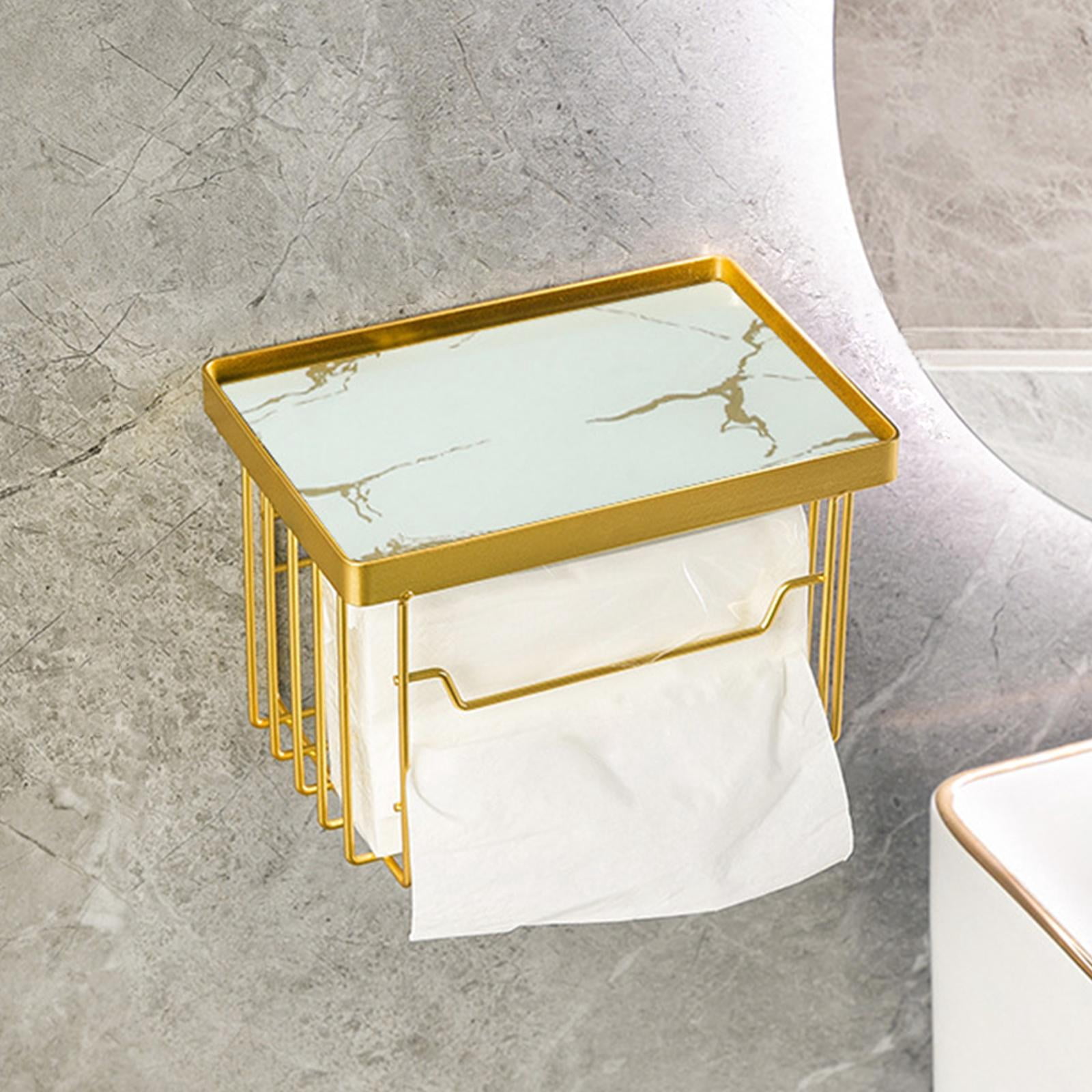 Fiocias Toilet Paper Holder with Shelf Self Adhesive Tissue Roll Dispenser and Organizer White Gold Tray