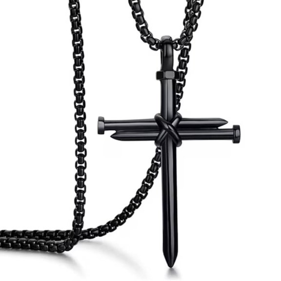 Men's Stainless Steel Nail Cross Pendant Necklace with 24 INCH Chain Polished Black