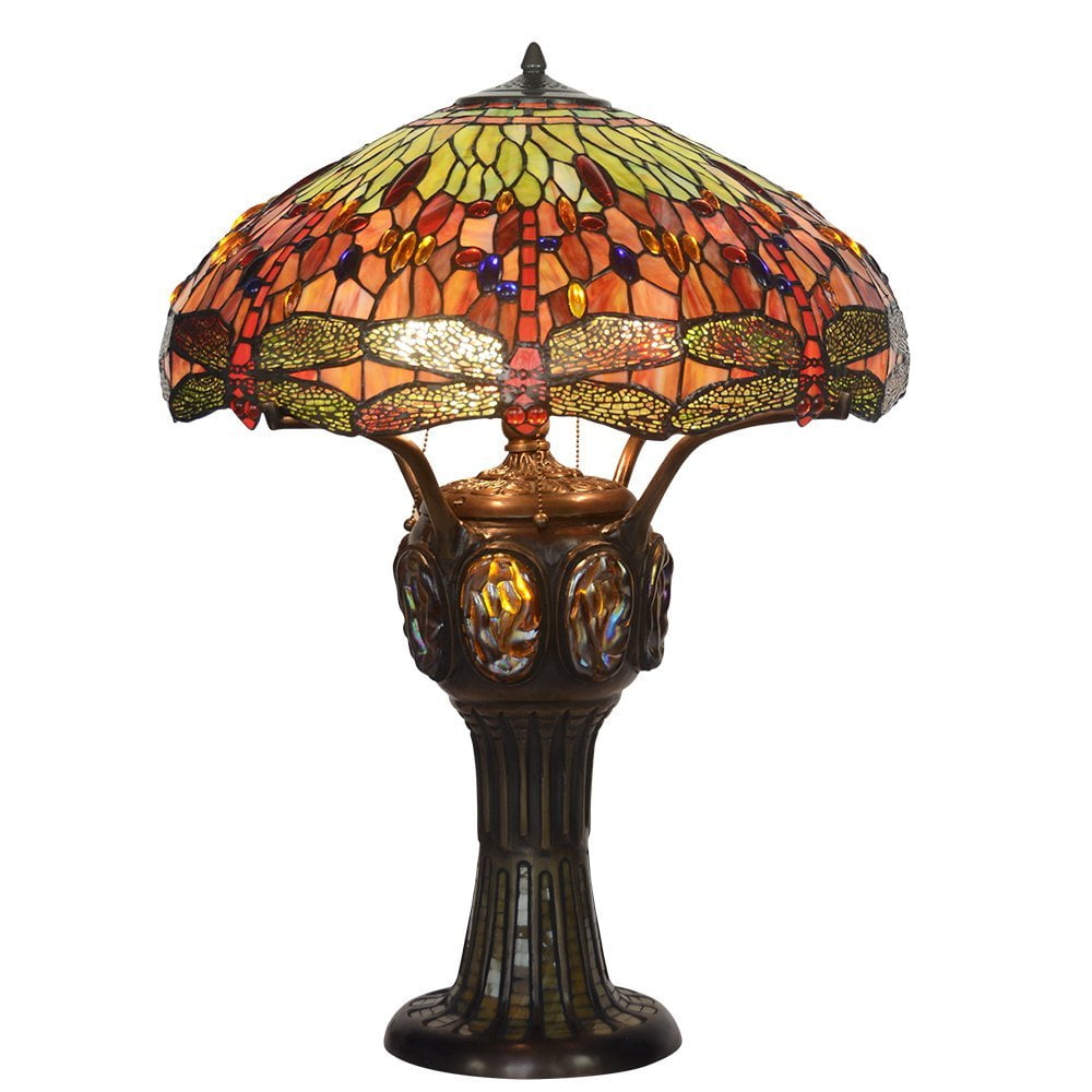 Bieye L10002 22inches Dragonfly Tiffany Style Stained Glass Table Lamp with 100 Brass Base, 25
