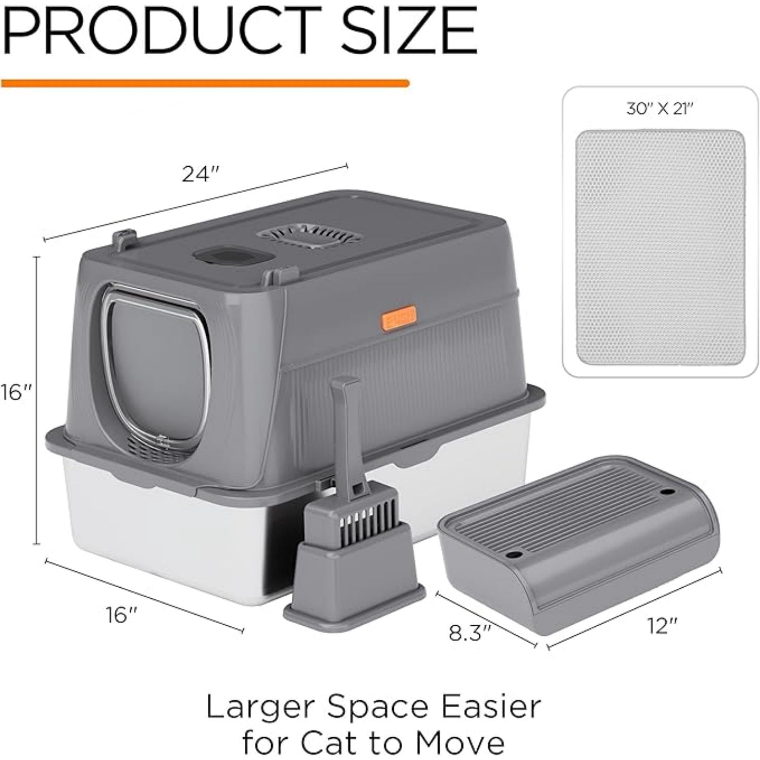 Stainless Steel Cat Litter Box with Lid, XL Extra Large Enclosed Removable Metal Litter Box with Litter Scoop&Double Layer Litter Mat, Non-Sticky, Non-Odor, for Big Cats Dark Grey