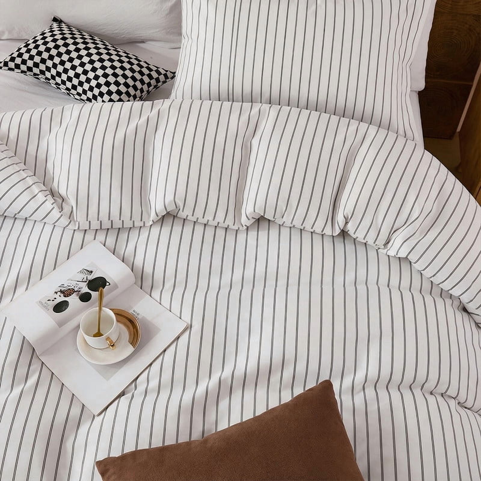 King Size Duvet Cover Set 100% Cotton Sateen 300TC- Black & White Striped Bedding Set, Luxury Silky Soft Striped Duvet Cover 3 Pcs, Hotel Style Room Decor,Zipper & Corner Ties