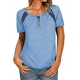 thumbnail image 1 of Camiseta mujer, Camiseta de manga corta para mujer Camisetas casuales con estampado de rayas y cuell Abanopi Aqua/3X-grande, 1 of 4