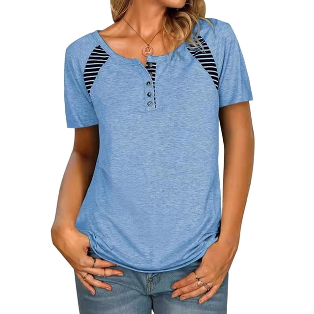 Camiseta mujer, Camiseta de manga corta para mujer Camisetas casuales con estampado de rayas y cuell Abanopi Aqua/3X-grande