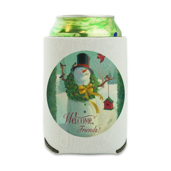 Christmas Holiday Welcome Friends Snowman Can Cooler - Drink Sleeve Hugger Collapsible Insulator - Beverage Insulated Holder