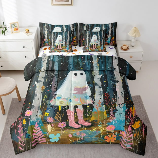 Erosebridal Cute Abstract Ghost Bed in a Bag Twin Size,Tropical Botanical Birch Bed Set,Colorful Flower Bedding Twin Size,Breathable Room Decorative Reversible,7 Pieces