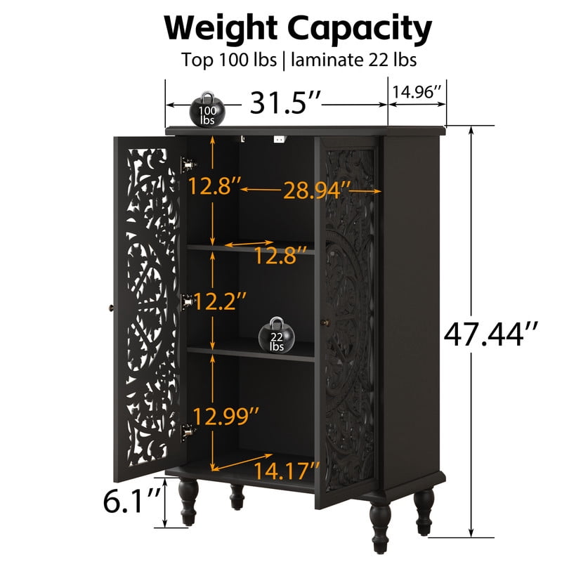 Freestanding Accent Storage Cabinet with Hollowed Out Carved Double Door, Farmhouse Display Buffet Chest with Adjustable Shelf