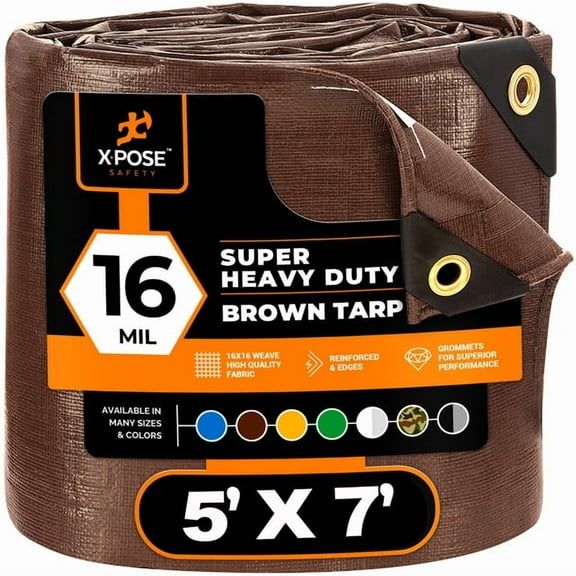 5' x 7' Super Heavy Duty 16 Mil Brown Poly Tarp Cover - Thick Waterproof, UV Resistant, Rot, Rip and Tear Proof Tarpaulin with Grommets and Reinforced Edges - by Xpose Safety