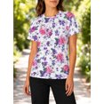 thumbnail image 3 of Women's All-Over Print Pink Rose Purple Floral T-Shirt Short Sleeve Crewneck Casual Summer Tee Tops, 3 of 6