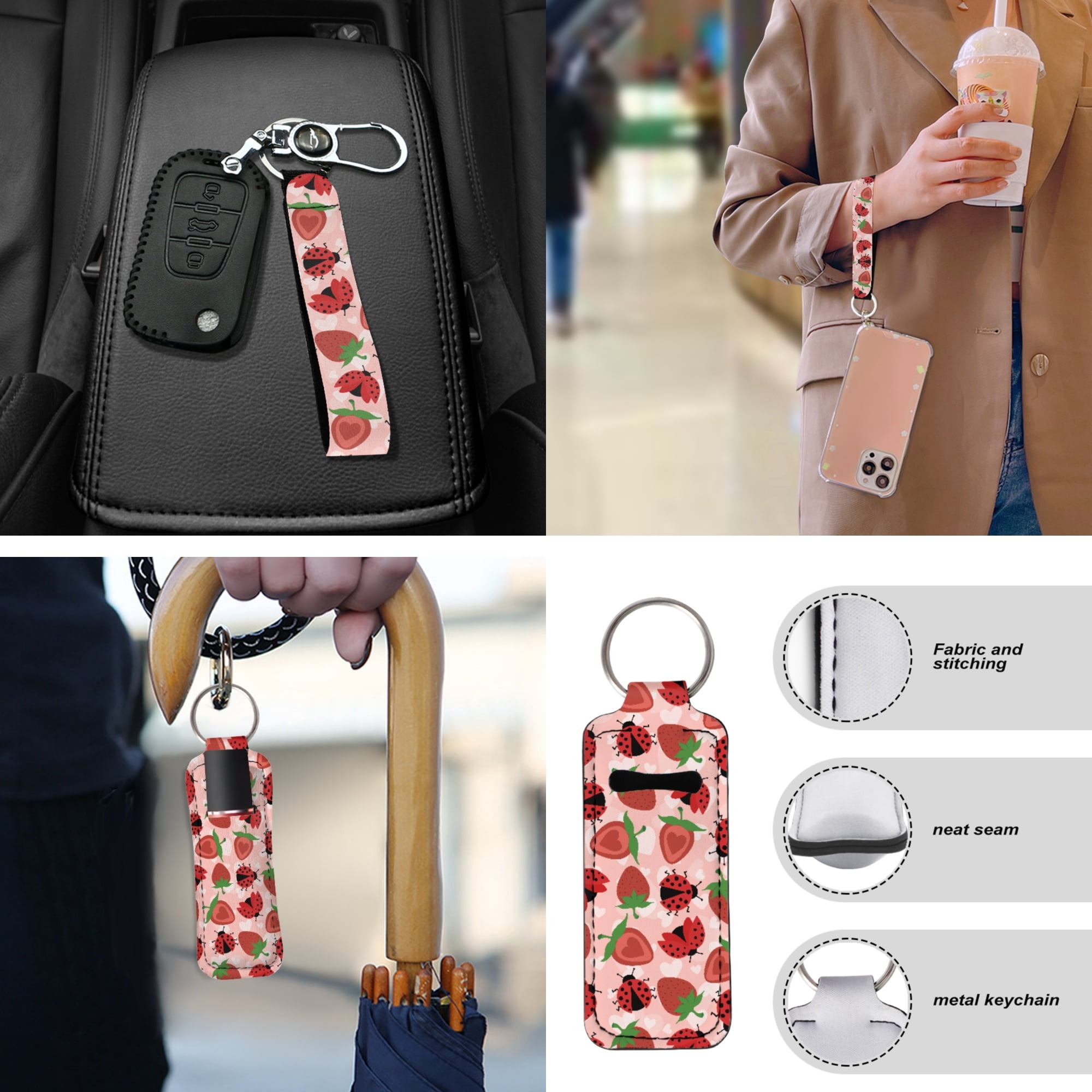 Jeiento Ladybug Car Seat Cover Set with Steering Wheel Cover Seat Belt Pads Center Console Cover Strawberry Cup Holder Keychain Pink 13 Pack Auto Accessories Set Universal Fit for Most Vehicles