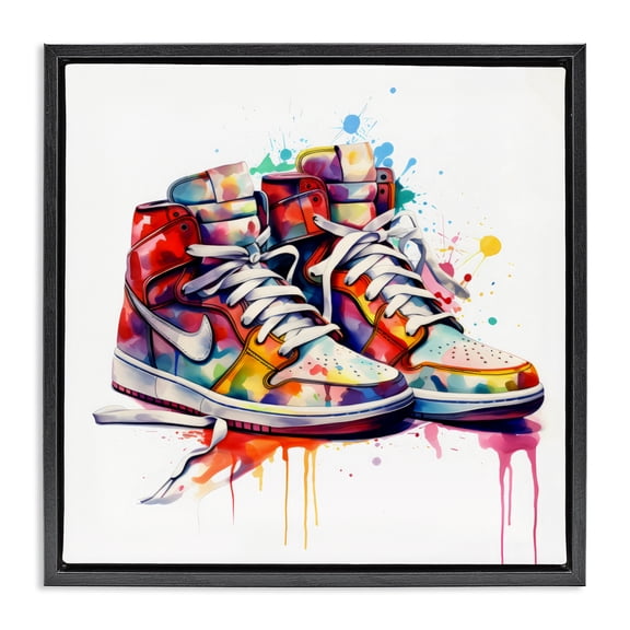 Stupell Industries Sneakers with Watercolor Drip Black Framed Floater Canvas Wall Art, design by Creative Studio