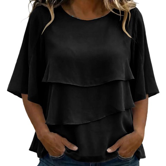 SETOOFF Womens 3/4 Length Sleeve Tops Chiffon Blouses Round Neck Multi Layer Ruffle Flare Sleeve Loose Casual Shirts Women Spring Summer Office Daily Outfit