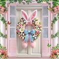 thumbnail image 4 of Easter Pink Bunny Wreath Decorations Spring Wreath Cute Rabbit Garland for Front Door,Artificial Flower Wreath with Plaid Bow Egg for Farmhouse Holiday Wall Home Window Decor, 4 of 5