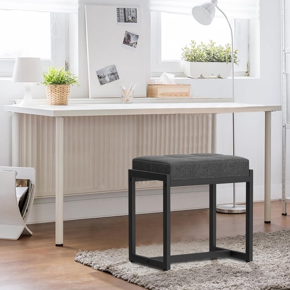 Vanity Stool with Metal Frame and Linen Upholstery for Makeup Room Bedroom Living Room Dark  Black