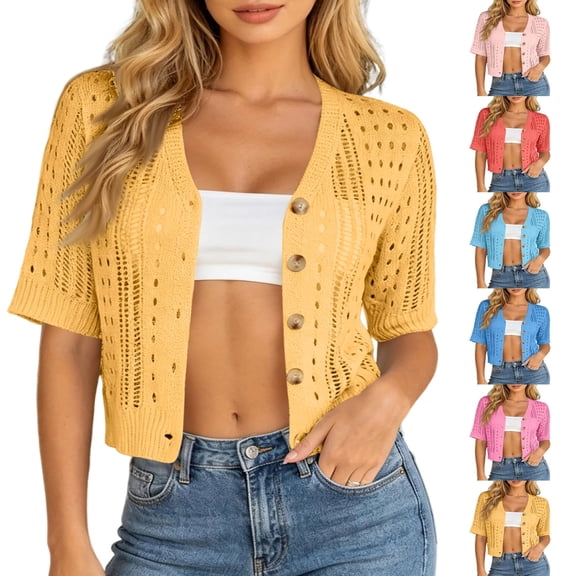 Sewkxo Short Sleeve Summer Cardigan Sweaters for Women 2026 Lightweight Shrug Crochet Beach Cover Ups,Yellow S