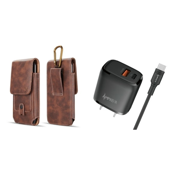 Holster and Wall Charger Bundle for Visible Midnight: Vertical Magnetic Belt Pouch Case (Brown) and 38W Dual Port (Power Delivery PD Type-C and USB-A) Power Adapter