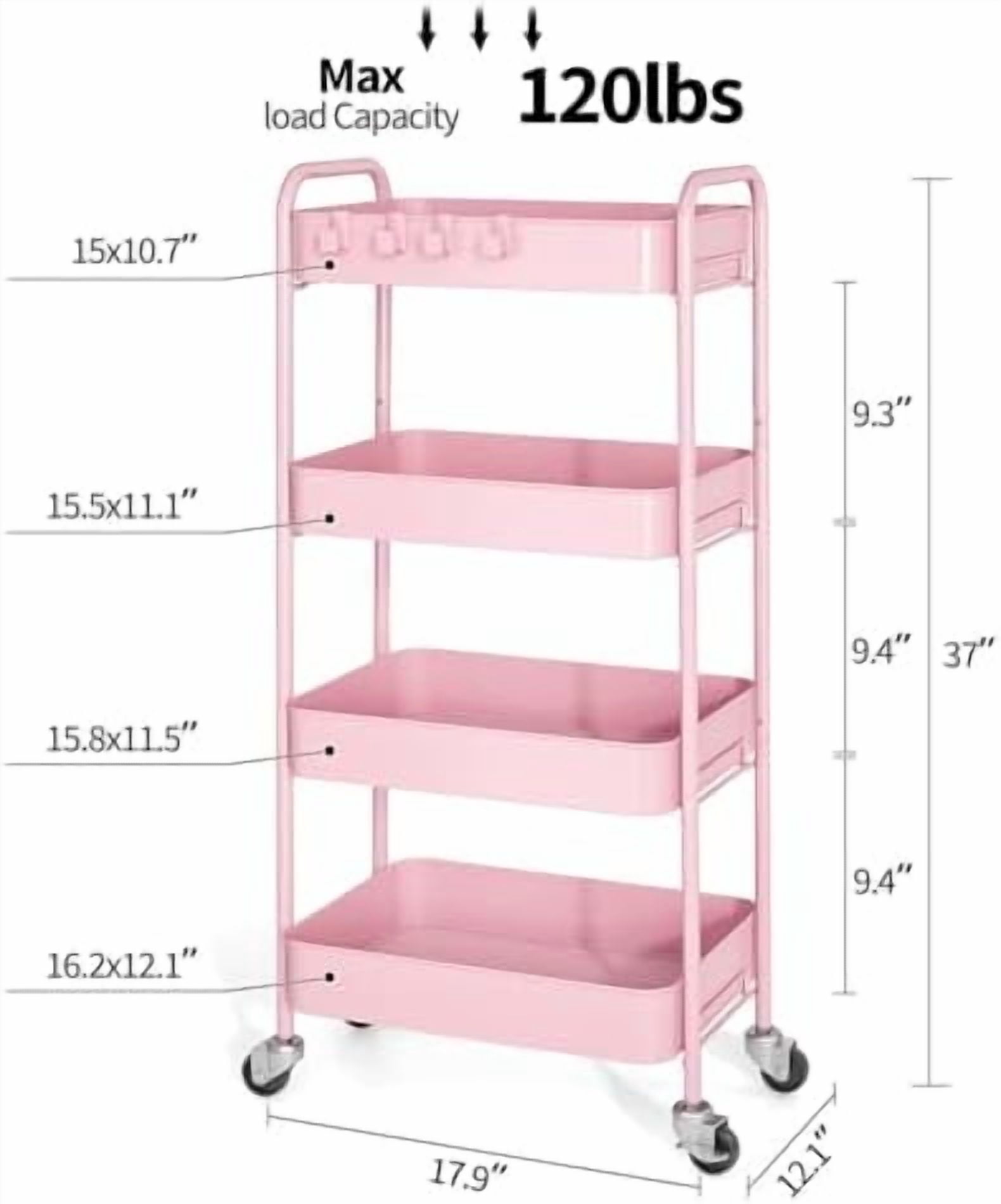 4-Tier Metal Rolling Cart with Wheels, Storage Utility Organizer Cart for Kitchen, Bathroom, Office, Baby Essentials & Makeup - Lockable Casters, Easy Assembly, Large Capacity, Pink