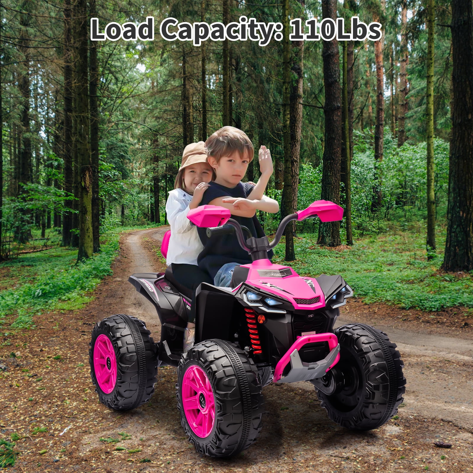 24V 2 Seater Kids ATV, 4-Wheeler Electric ATV, Off-Road Dirt Quad Car with Powerful Motors, 14.4" Wheels, High Low Speed, Music, LED Lights, Best Gift for Boys and Girls