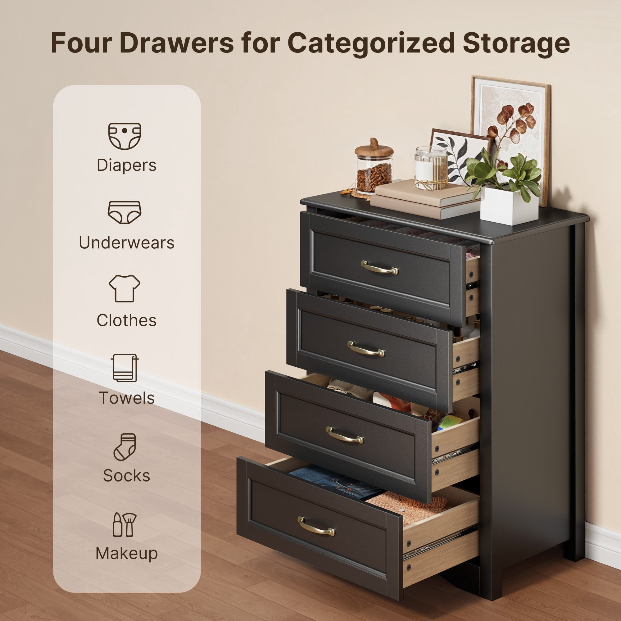 Noelse Dresser for Bedroom with 4 Drawers Wooden Chest of Drawers for Closet Dresser Storage Unit Organizer for Hallway Living Room and Office, Black