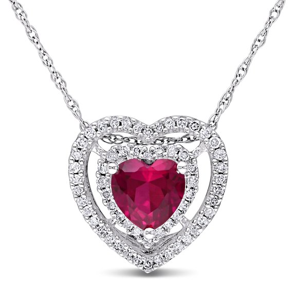 Everly Women's Created Ruby and Diamond 10k White Gold Double Halo Heart Pendant with Chain